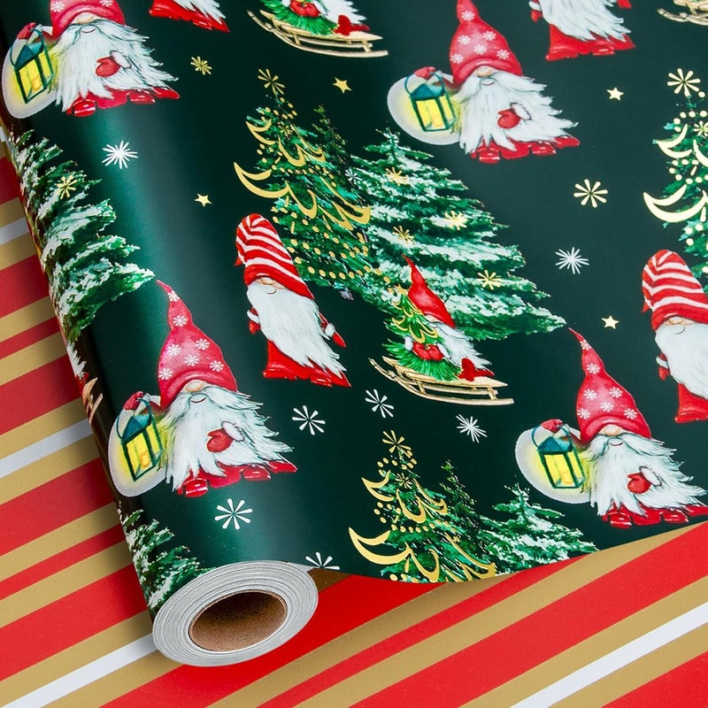 Yarcony Green Christmas Wrapping Paper Roll, Gnome Wrapping Paper, Cute Woodland Gnome, Christmas Tree Snowflake Gift Wrap for Presents Decoration,Seasonal Packaging Supplies (17 Inch X 33 Feet) - Image 1